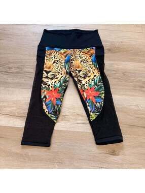 Leggings Leopard Black Mesh Cropped Women's M